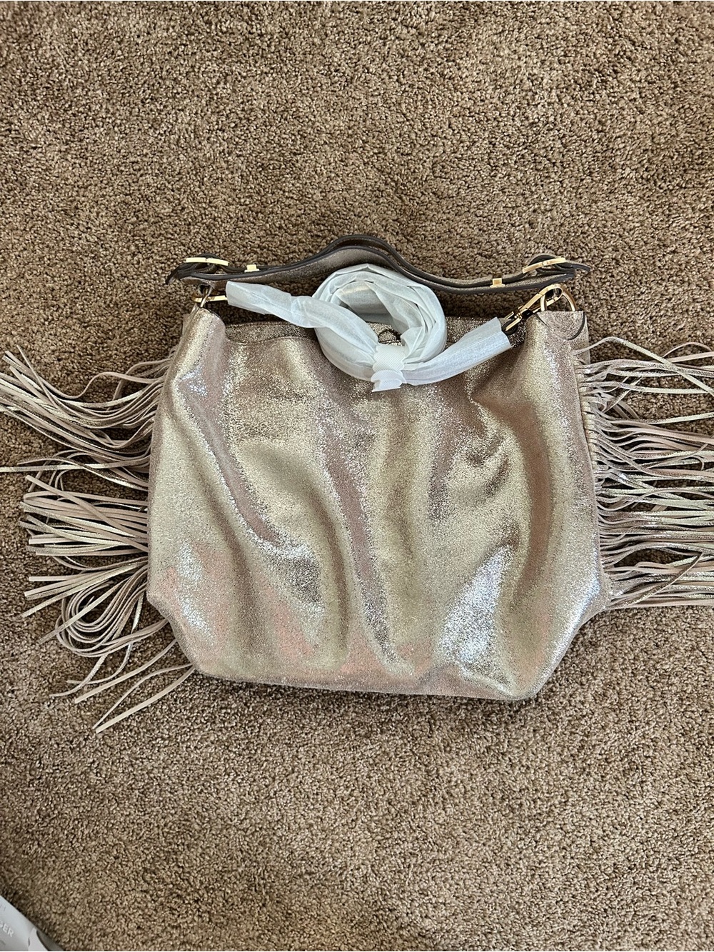 Brian Atwood Women's Gold Metallic Leather Fringe Bag New Shoulder/Crossbody